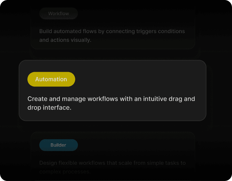 Workflow builder card reading “Create and manage workflows with an intuitive drag and drop interface”
