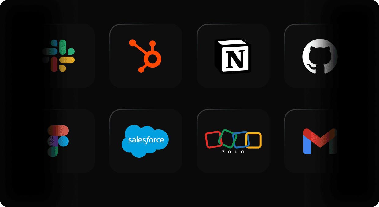 Grid of integration icons including Slack, HubSpot, Notion, GitHub, Figma, Salesforce and Gmail