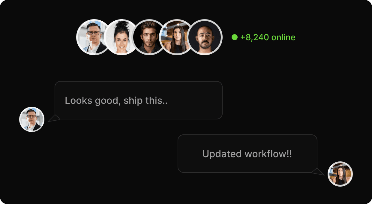 Team avatars and a comment thread reading “Looks good, ship this” and “Updated workflow”