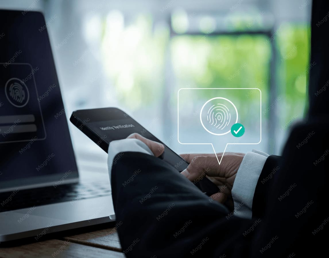 Person confirming their identity with a fingerprint prompt on a smartphone